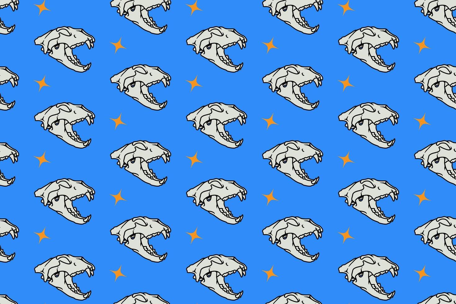 Saber head skull side view with fangs and light pattern on blue background. Tiger predator skull bone with light colorful doodle isolated seamless pattern background for wildlife merchandise vector