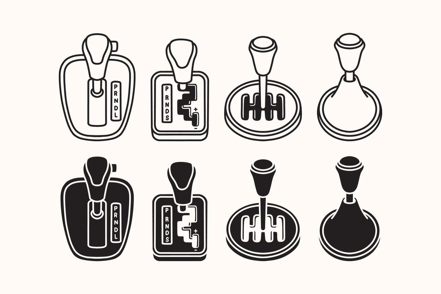car gear shifter icons in outline and silhouette style. automotive transmission part symbol set. manual and automatic clutch knob illustration pack vector