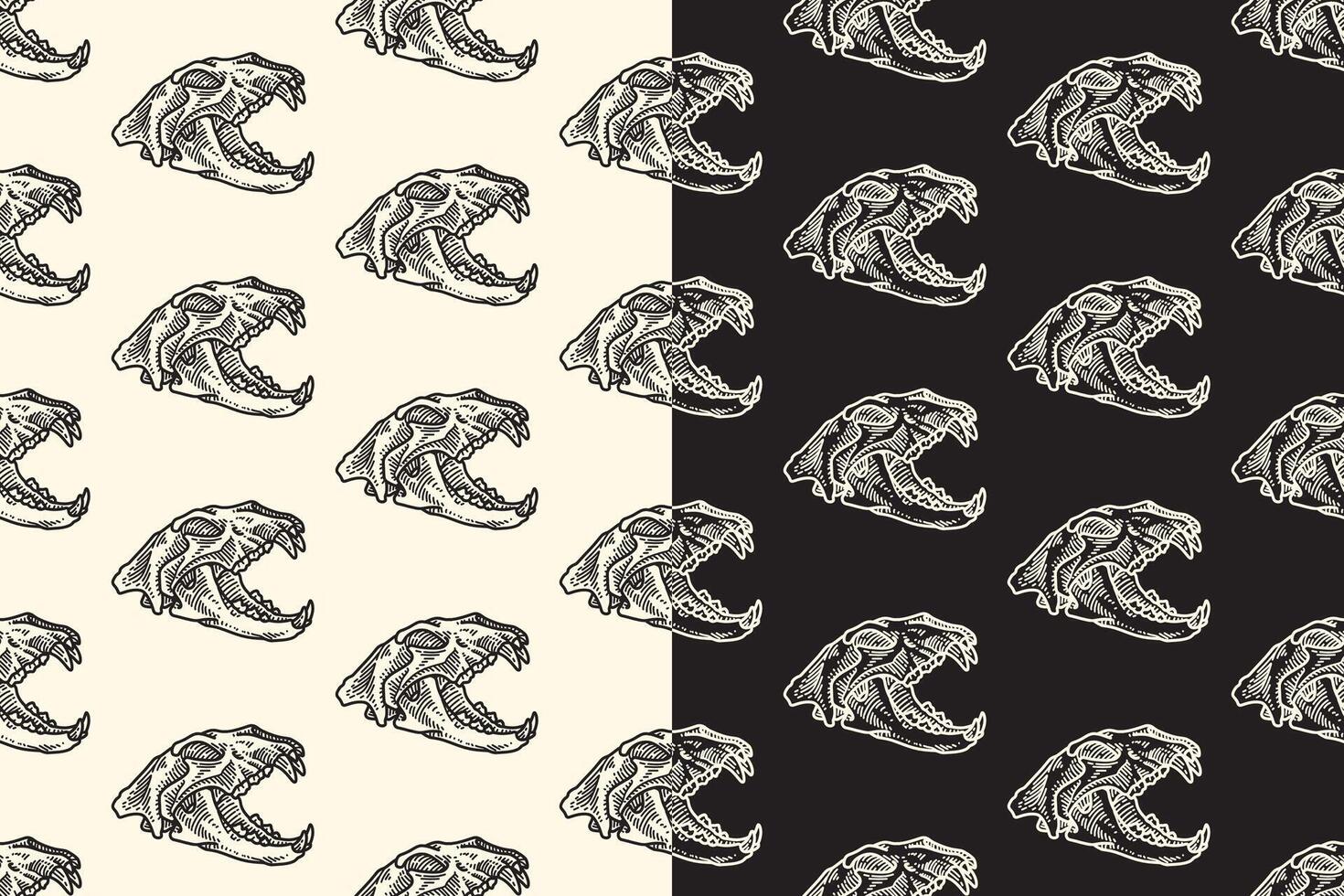 Saber predator head skull side view line art engraving seamless pattern on black white background. Tiger skull bone hatching doodle pattern background for wildlife packaging and merchandise vector