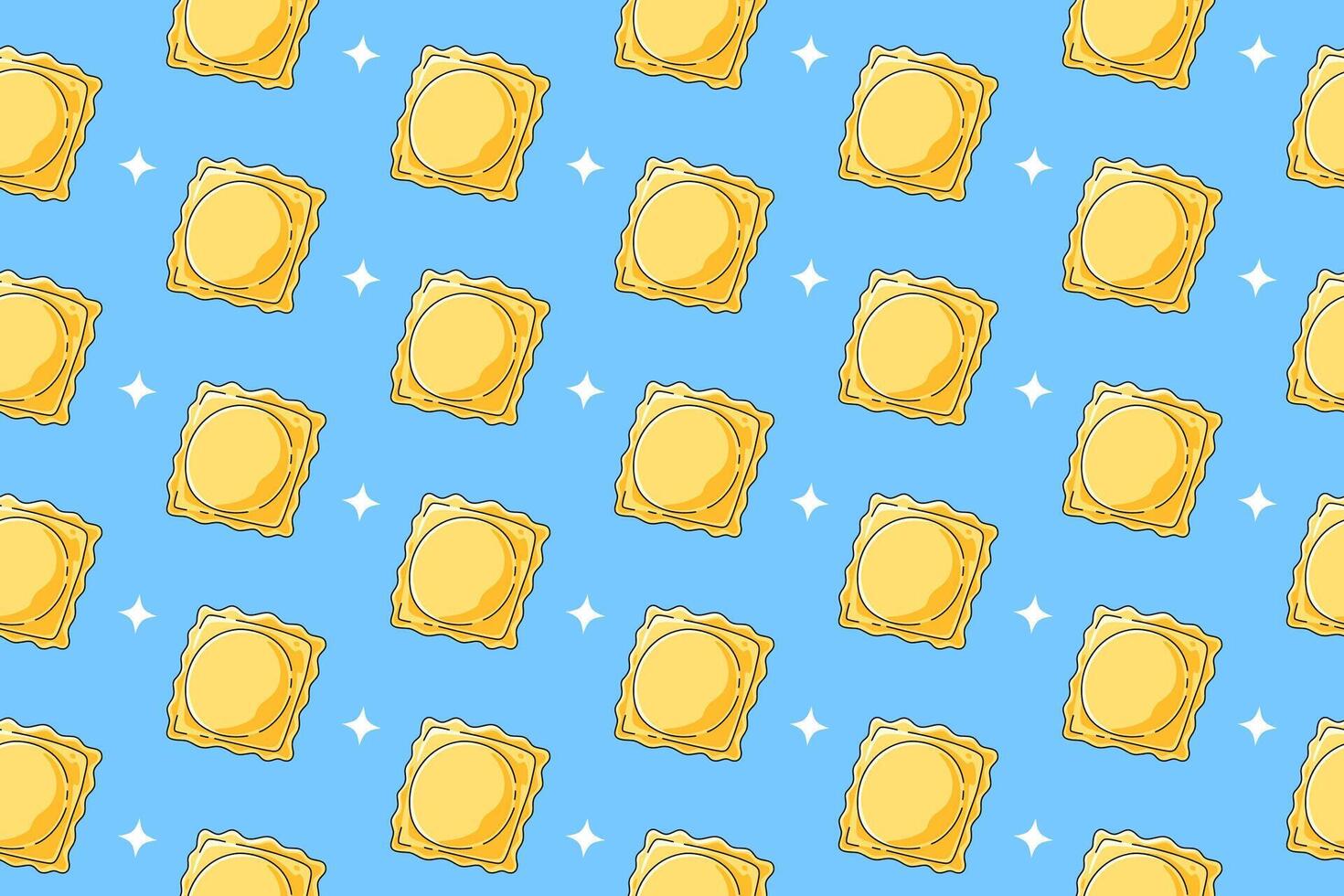Ravioli pasta with light colorful doodle pattern on blue background. Italian ravioli pasta seamless pattern background. Ravioli isolated wallpaper. Food, restaurant, foodstuff. illustration vector