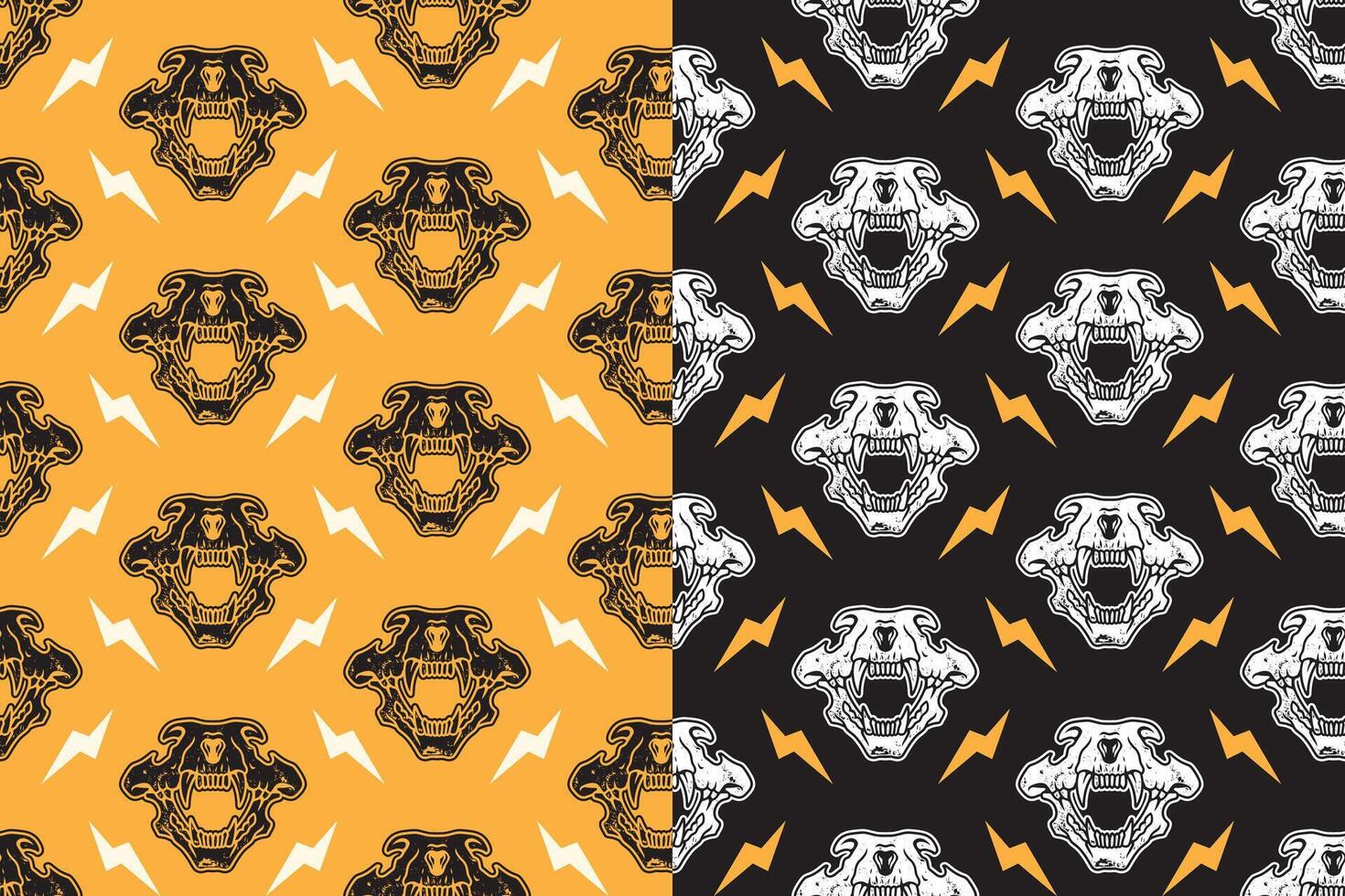 Tiger head skull with thunderbolt rustic seamless pattern on black yellow background. Saber predator skull bone with lightning retro doodle isolated pattern background for wildlife merchandise vector