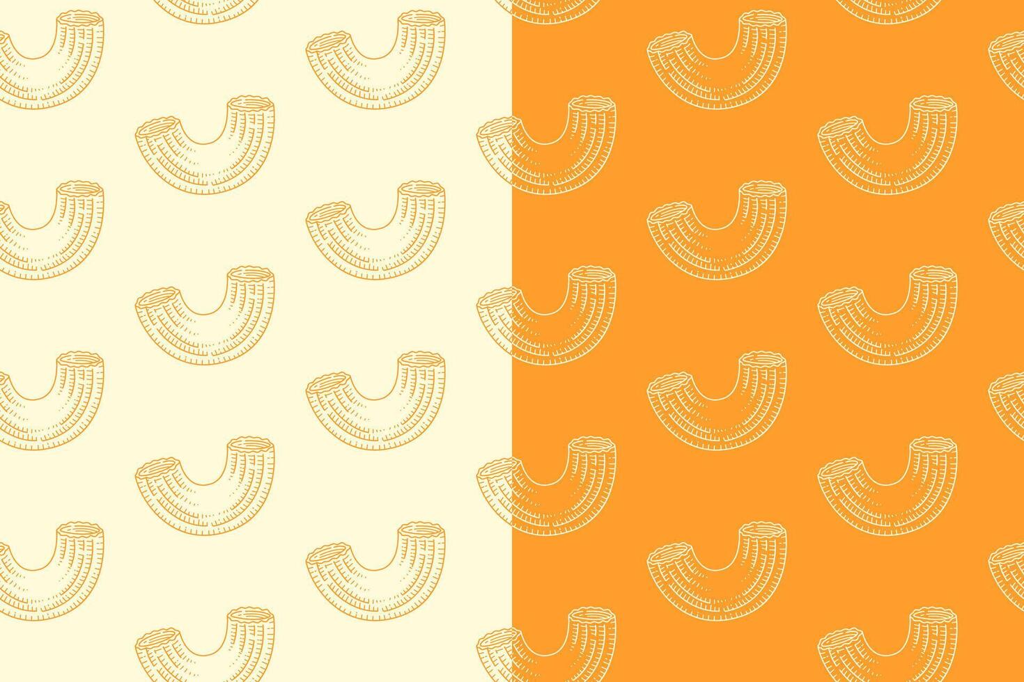 Macaroni pasta line art seamless pattern on yellow white background. Italian pasta of macaroni engraving doodle pattern background. Curved macaroni wallpaper for food, restaurant, gourmet, eatery vector