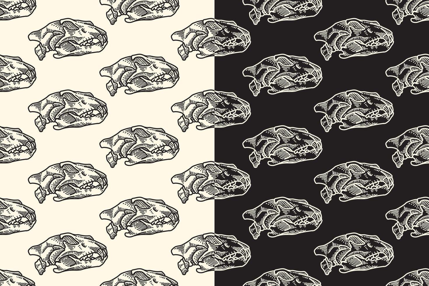 Tiger predator head skull side view line art engraving seamless pattern on black white background. Saber skull bone hatching doodle pattern background for wildlife packaging and merchandise vector