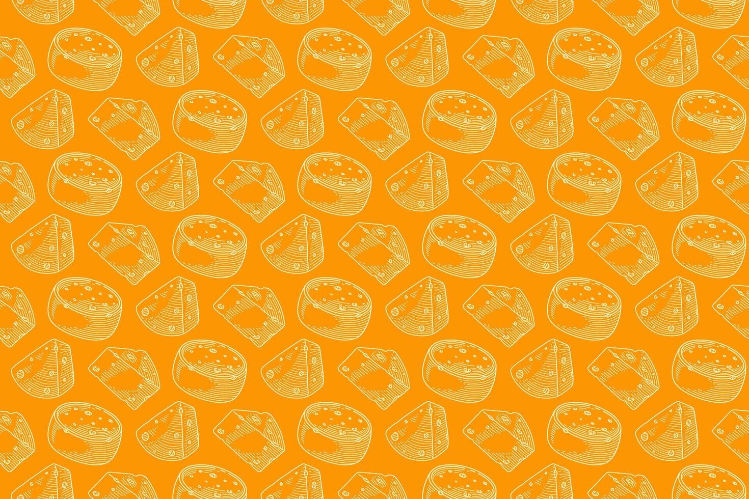 cheese wheels and cheese slice seamless pattern in engraving style on yellow background. vintage dairy food texture on yellow background. hatching cheese pattern motif for packaging and textile vector