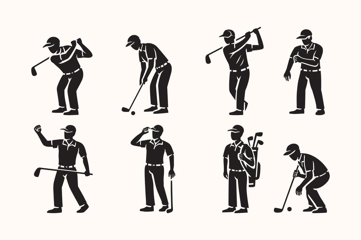 golf player poses icon set in silhouette style. golfer activity elements for sports design. flat black golfing figures in various actions like swinging, putting, preparing, and celebrating vector