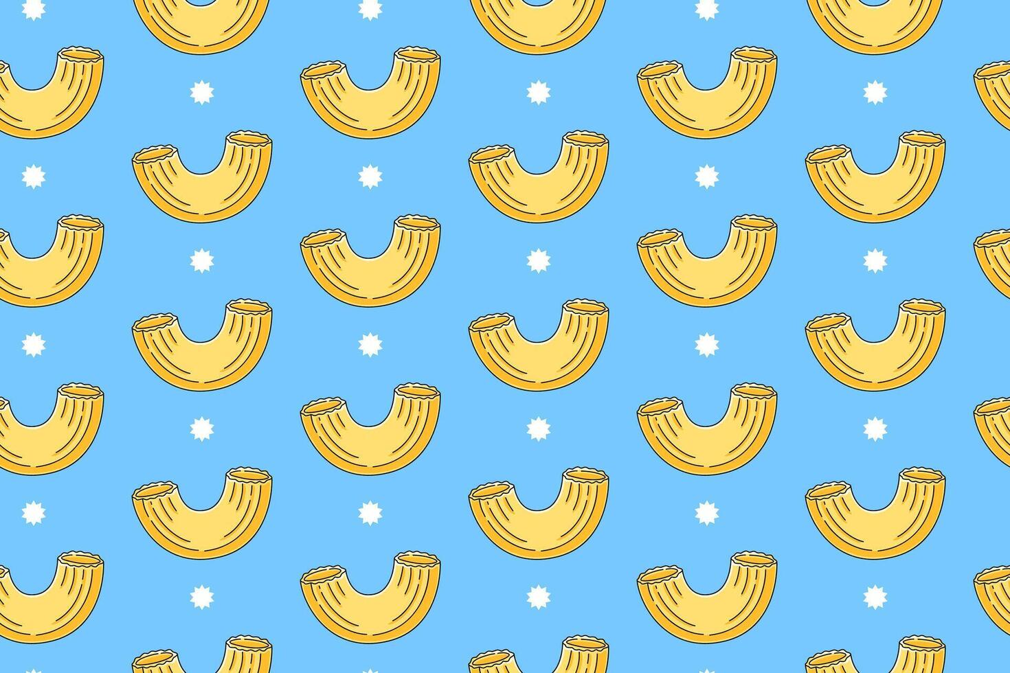 Macaroni pasta with star colorful doodle pattern on blue background. Italian macaroni pasta seamless pattern background. Macaroni isolated wallpaper. Food, restaurant, foodstuff. illustration vector