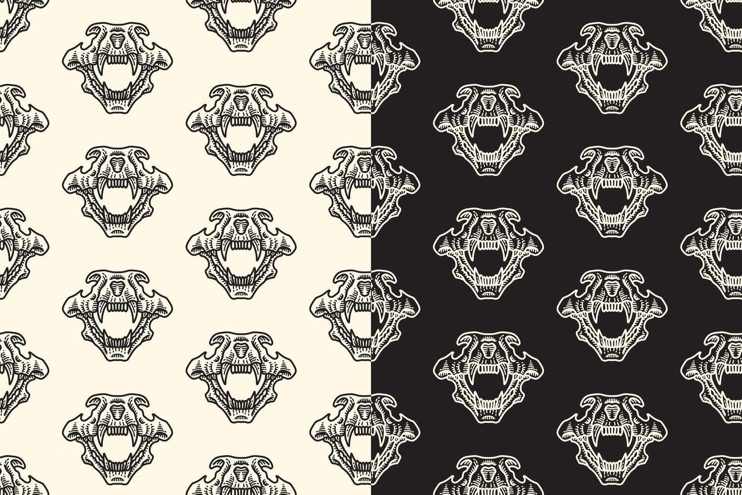 Tiger head skull front view line art engraving seamless pattern on black white background. Saber predator skull bone hatching doodle pattern background for wildlife packaging and merchandise vector