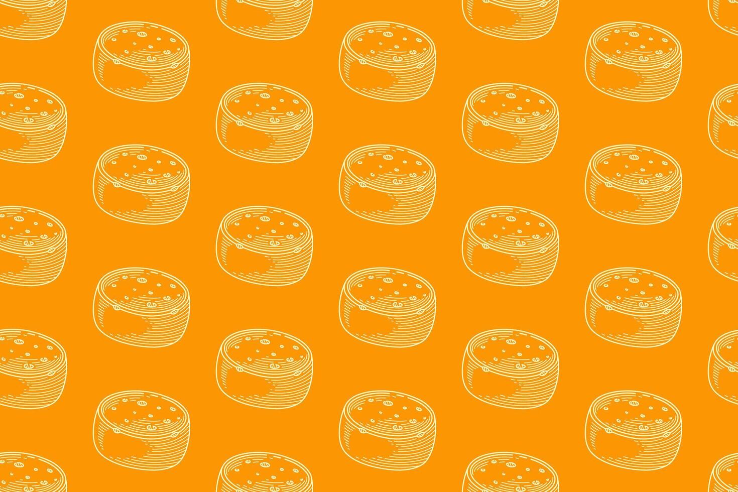 cheese wheel seamless pattern in engraving style on yellow background. dairy product hatching line motif wallpaper. cheese food background for dairy branding, packaging, textiles, culinary prints. vector