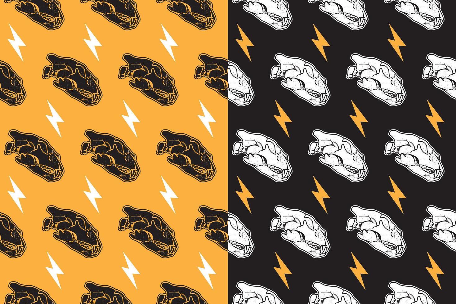 Saber head skull with thunderbolt rustic seamless pattern on black yellow background. Tiger predator skull bone with lightning retro doodle isolated pattern background for wildlife merchandise vector