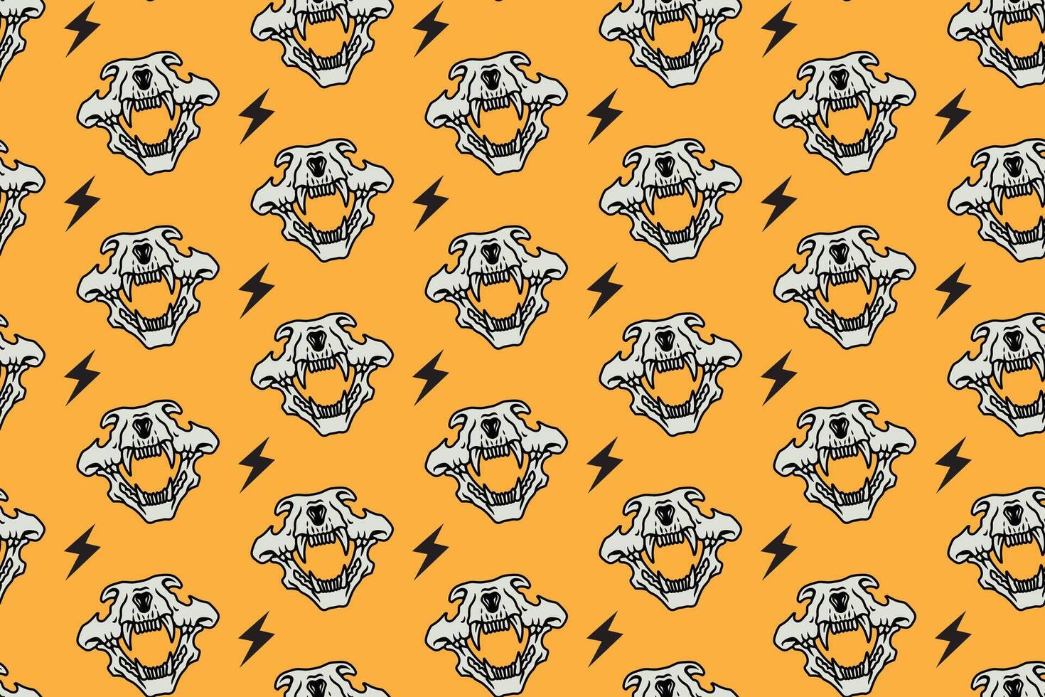 Tiger head skull with thunderbolt pattern on yellow background. Predator skull bone with lightning colorful doodle isolated seamless pattern background for wildlife packaging and merchandise vector