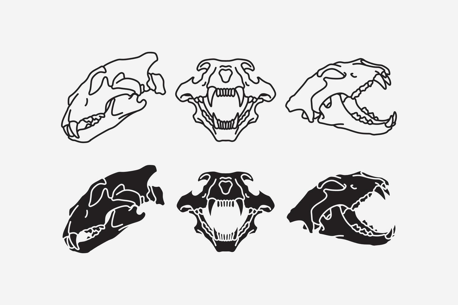 Tiger head skulls line icon set. Tiger skull bone silhouette collection. Puma, leo, lion, saber, predator, wildlife, hunting, tattoo, adventure, museum, archaeologist. illustration. vector