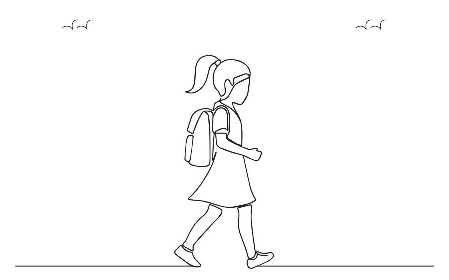 Hand Drawn Line Art of a Young Girl with a Backpack Walking to School, Featuring a Minimalistic and Clean Design vector