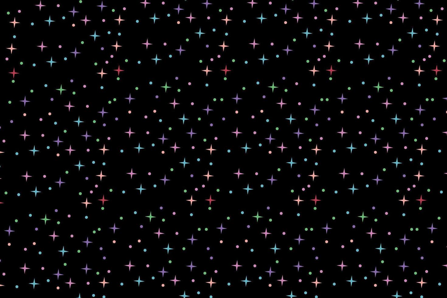 Seamless pattern of colorful glowing stars on black background for festive, magical or cosmic designs vector