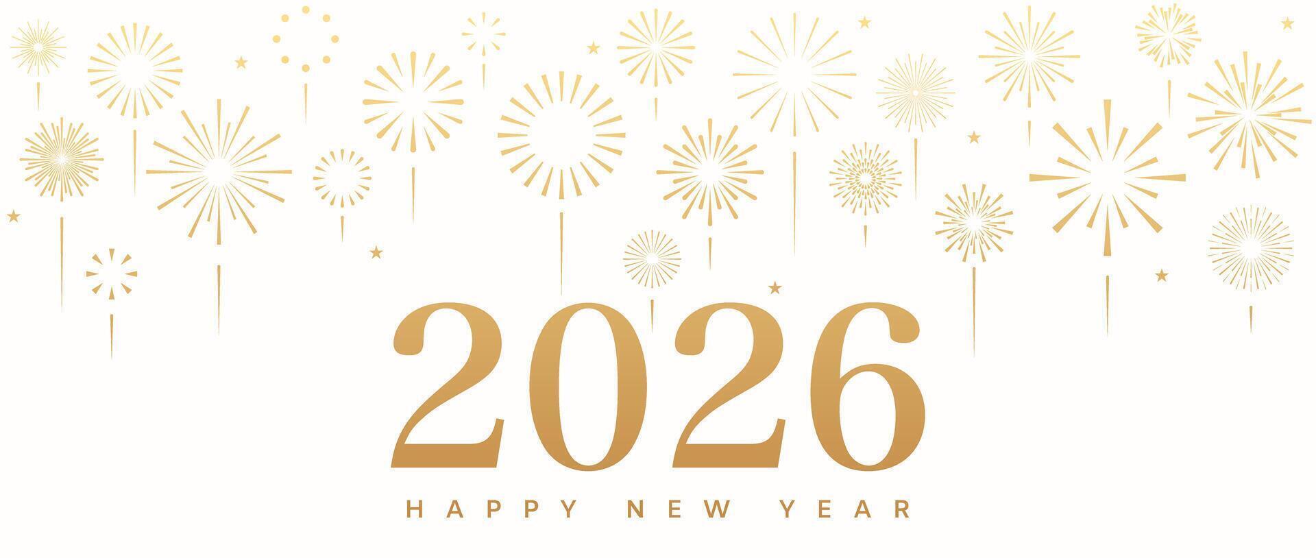 2026 fireworks banner, gold New Year background, card border vector
