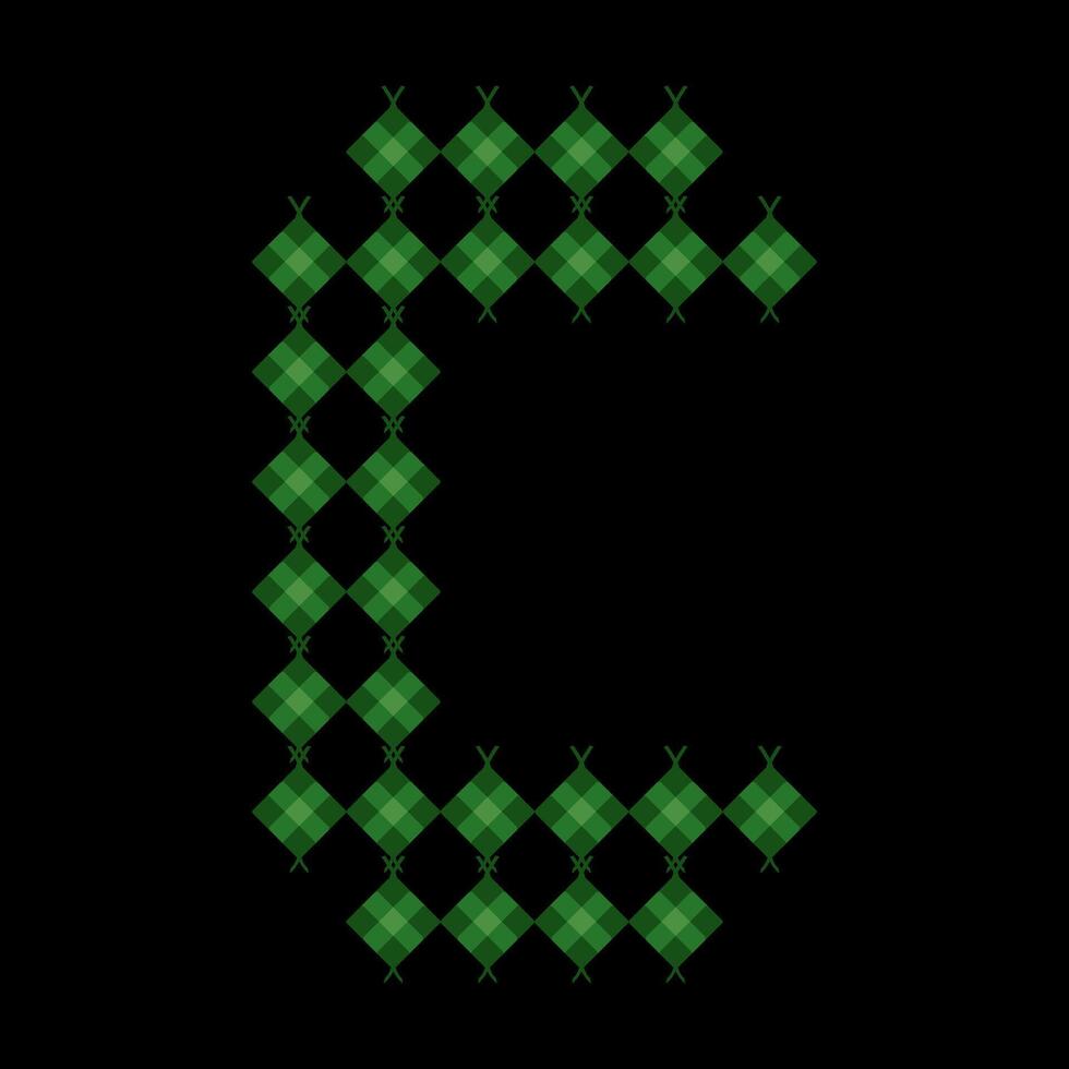 Lowercase alphabet 'c' ketupat. Ketupat is a typical Eid food made from rice wrapped in a woven coconut leaves. Ketupat comes from the island of Java and has been around since the 15th century. vector