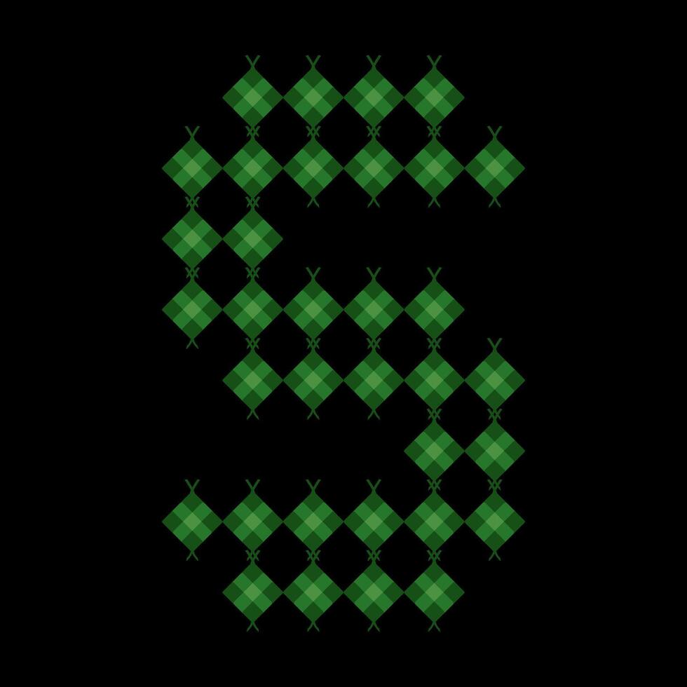 Lowercase alphabet s ketupat.Ketupat is a typical Eid food made from rice wrapped in a woven coconut leaves. Ketupat comes from the island of Java and has been around since the 15th century. vector