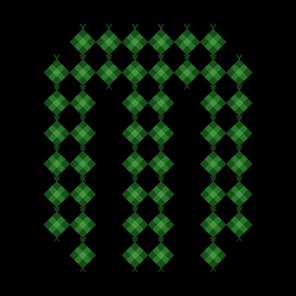 Lowercase alphabet 'm' ketupat. Ketupat is a typical Eid food made from rice wrapped in a woven coconut leaves. Ketupat comes from the island of Java and has been around since the 15th century. vector