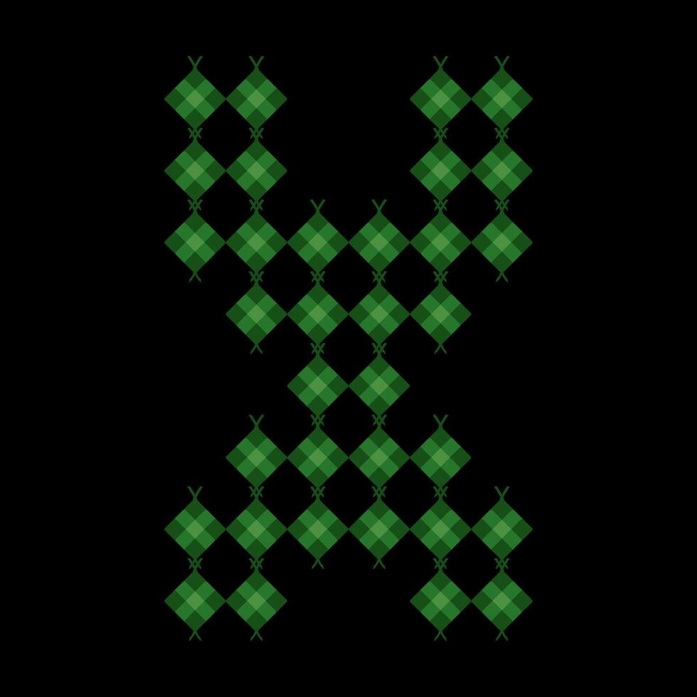 Lowercase alphabet x ketupat. Ketupat is a typical Eid food made from rice wrapped in a woven coconut leaves. Ketupat comes from the island of Java and has been around since the 15th century. vector