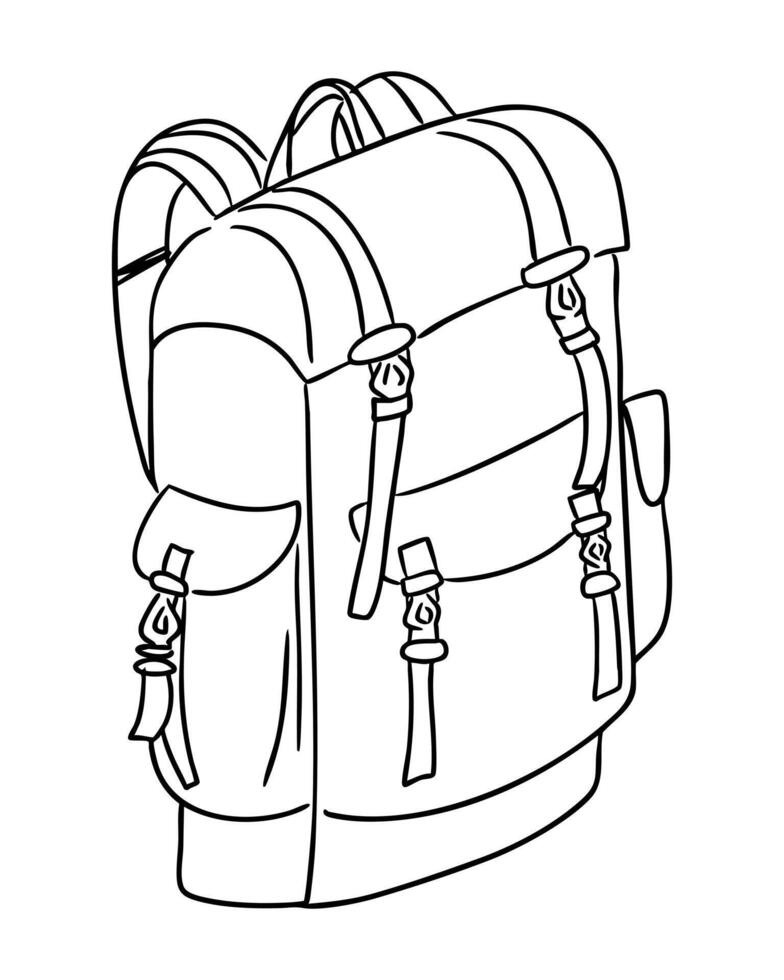 Backpack with buckles and pockets drawn in a simple line style. Represents adventure, travel gear, and outdoor exploration vector