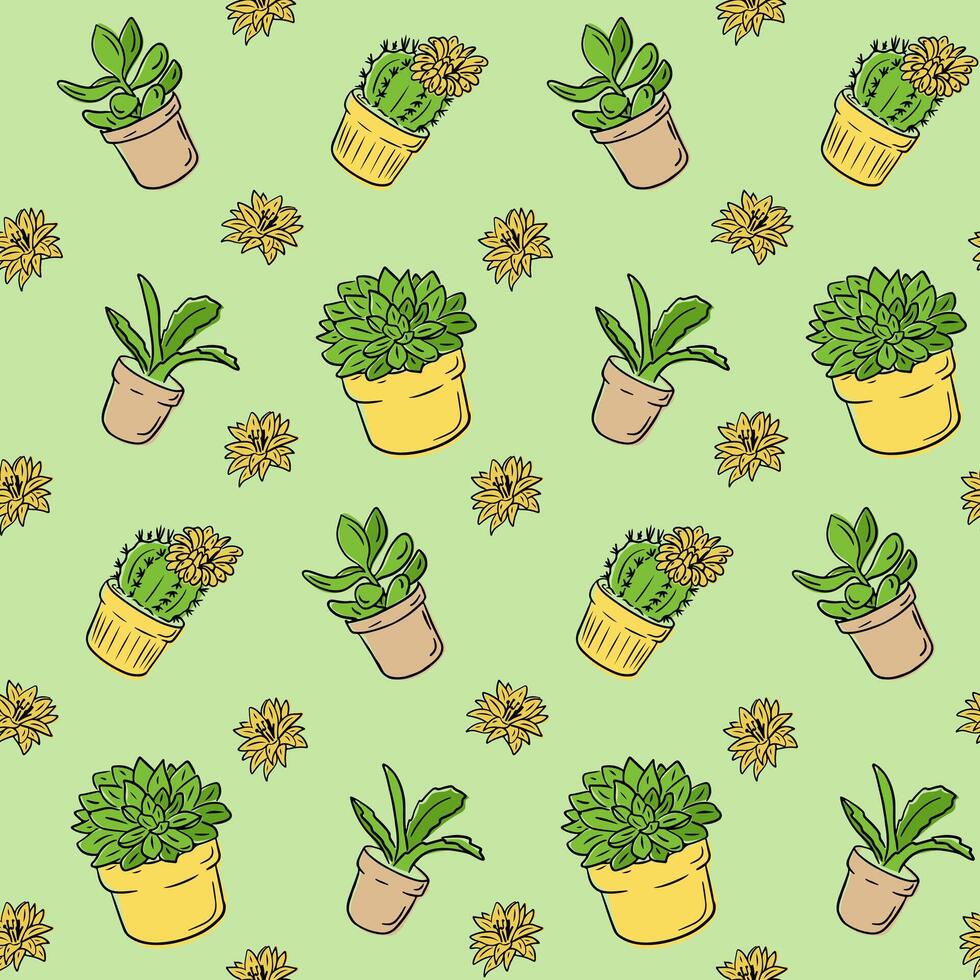 Seamless pattern with hand drawn potted succulents and cacti on green background. Botanical decor and plant lover concept in cheerful cartoon style vector