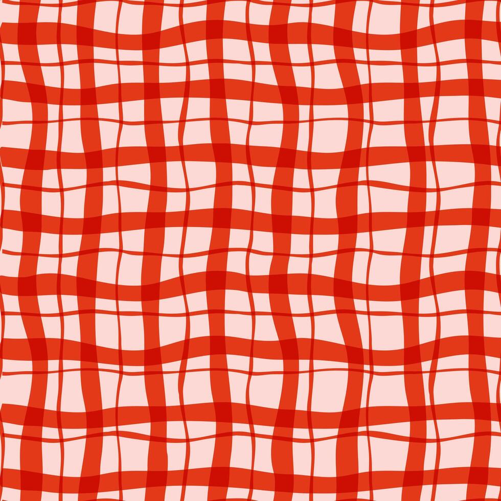 Seamless red checkered pattern with wavy lines on a soft pink background. Represents textile design, picnic cloth style, and retro geometric aesthetics vector