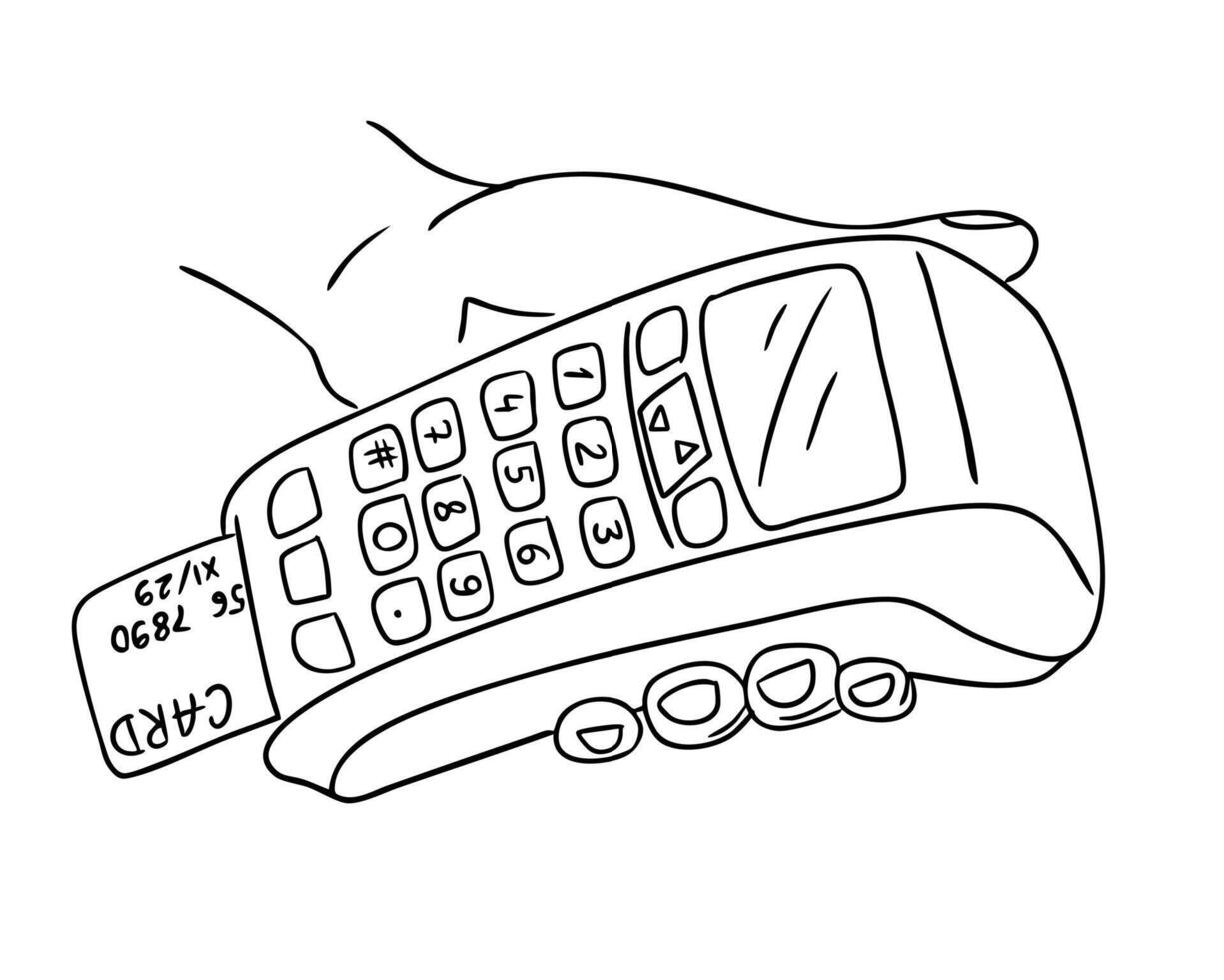 Hand holding a wireless payment terminal with inserted credit card drawn in doodle style. Concept of modern transactions, electronic payments and financial technology vector