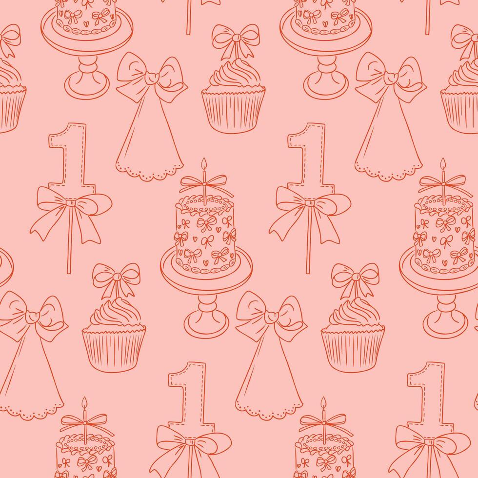 Seamless birthday pattern with cakes, cupcakes, bows, and number one on pink background. Celebrates a first birthday, festive decoration, and sweet childhood memories vector