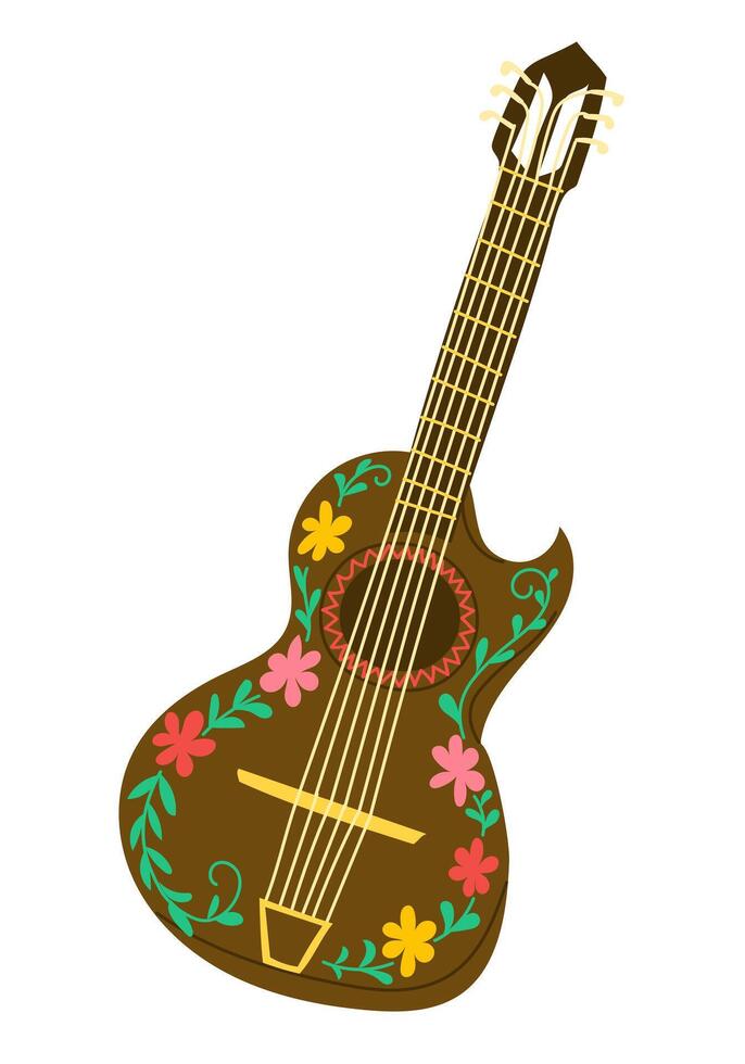 Decorative brown guitar with colorful floral patterns on body and neck. Concept of traditional music, cultural celebration and folk instrument vector