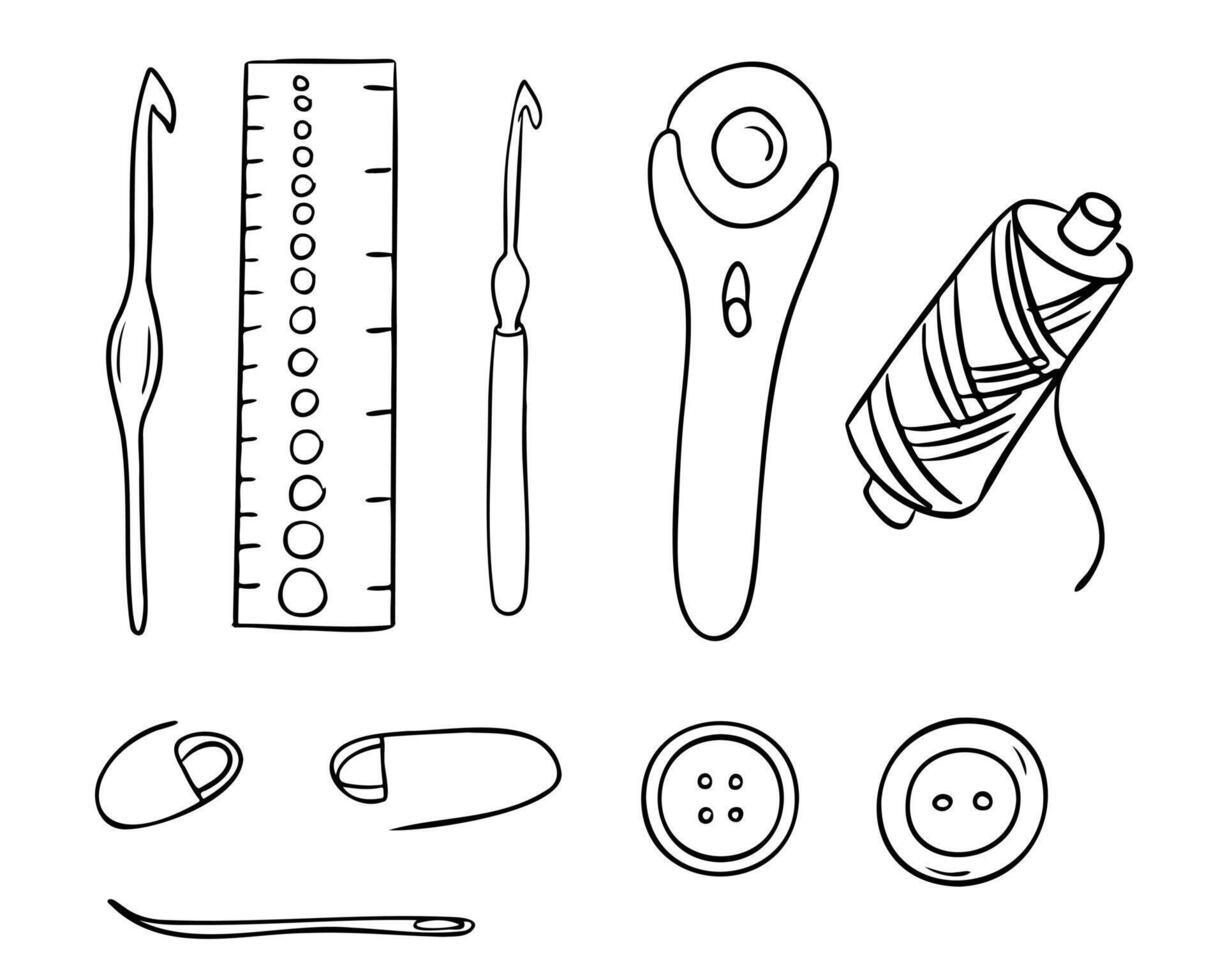 Set of hand drawn sewing tools including crochet hooks, thread, buttons, and measuring ruler. Represents crafting, textile work, and handmade creativity in fashion and DIY projects vector