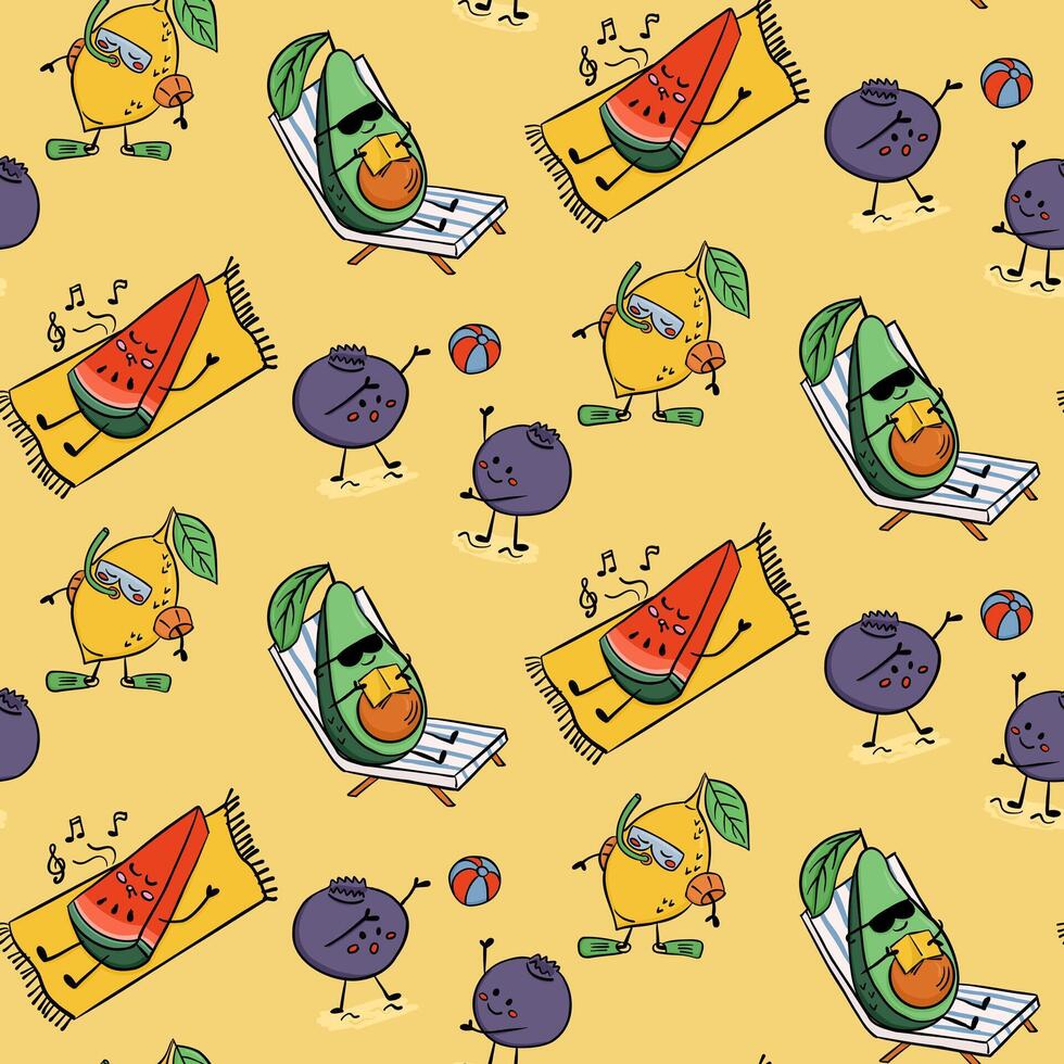 Colorful fruit characters on a yellow background vector