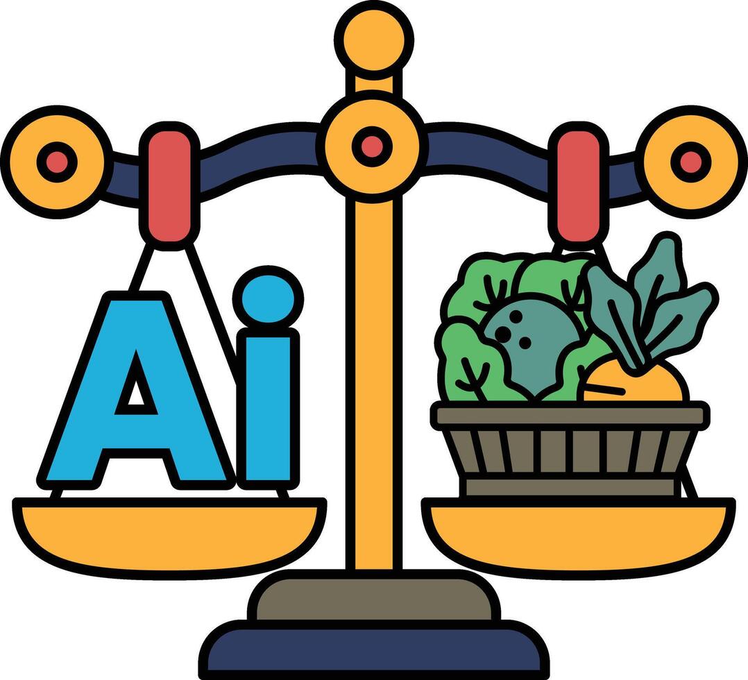 A scale with the letters AI on one side and a basket of vegetables on the other vector