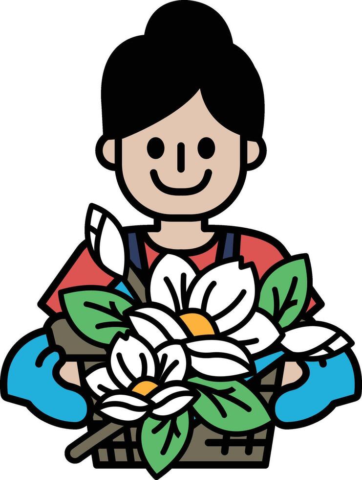 A woman is holding a basket of flowers vector