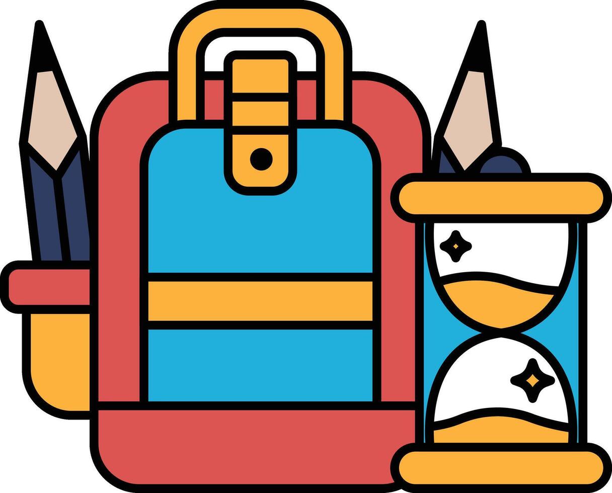 A backpack with a pencil and a clock on top of it vector
