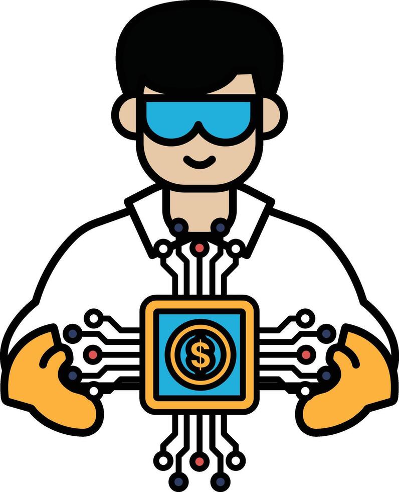 A man in a lab coat holding a computer chip with a dollar sign on it vector