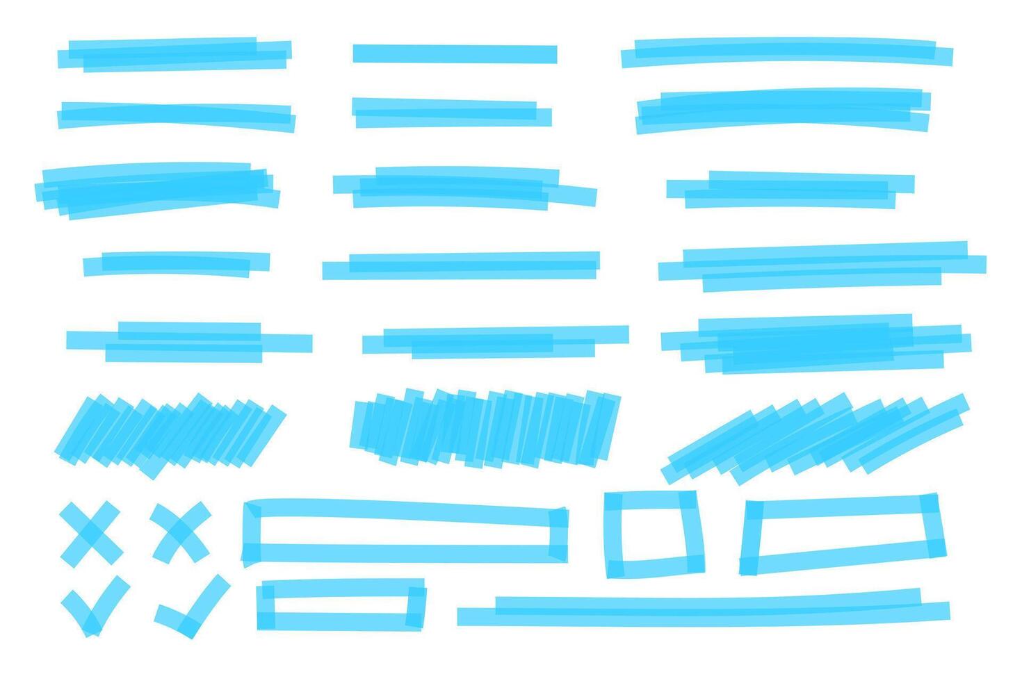Set of blue highlight marker lines, frames, cross and checkmark signs. Different hand-drawn pen or brush underlines for important text selection isolated on white background. illustration vector