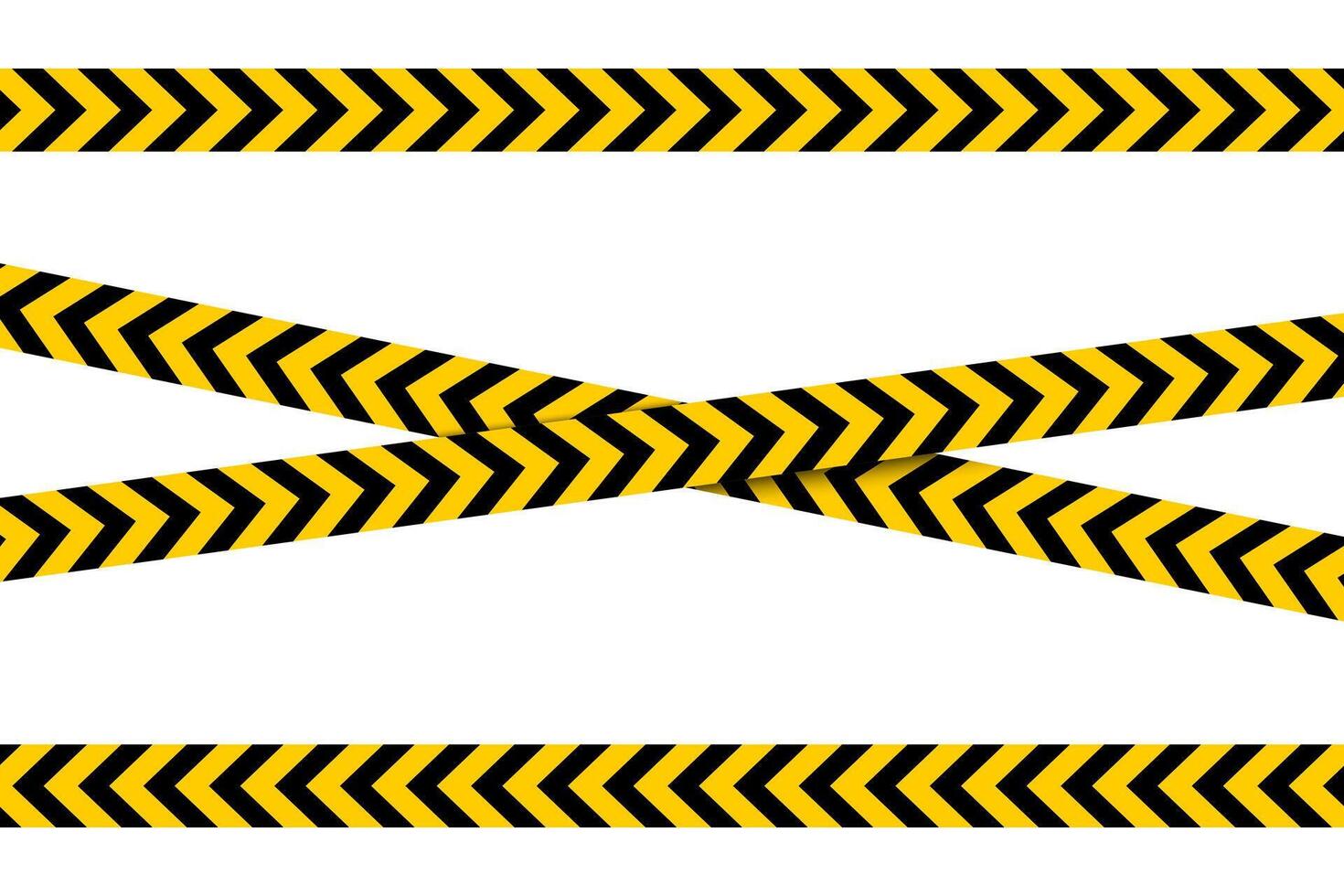 Horizontal and crossed caution tapes with black and yellow chevron print. Warn borders in construction work zone or criminal scene. Hazard, risk, emergency or stop signs. flat illustration vector