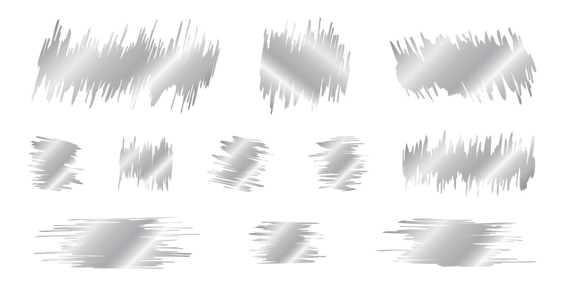 Silver scraped scratchcard textures. Collection of shining metallic surfaces of game tickets, promo code cards, lotteries or sale coupons isolated on a white background. realistic illustration vector
