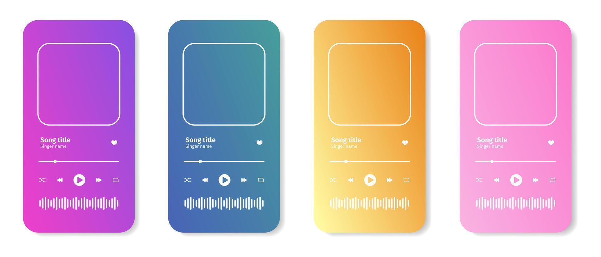 Set of audio player interface templates with album cover frame, slider progress bar and different buttons isolated on white background. Audioplayer app widgets. illustration vector