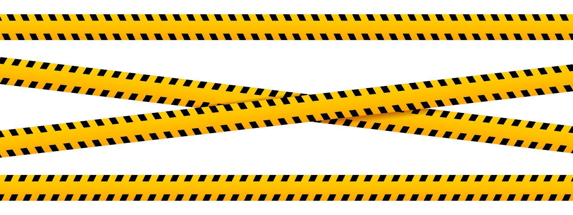 Set of horizontal and crossed caution tapes with attention black and yellow print. Safety borders for barriers in construction work zone or emergency area. Warning stripes. flat illustration vector