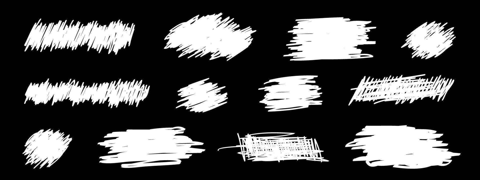 White ripped grunge textures on black background. Coin scratches textures on cratchcard or lottery ticket. Hand-drawn smears. Marker, pencil, pen or ink scribbles. graphic illustration vector