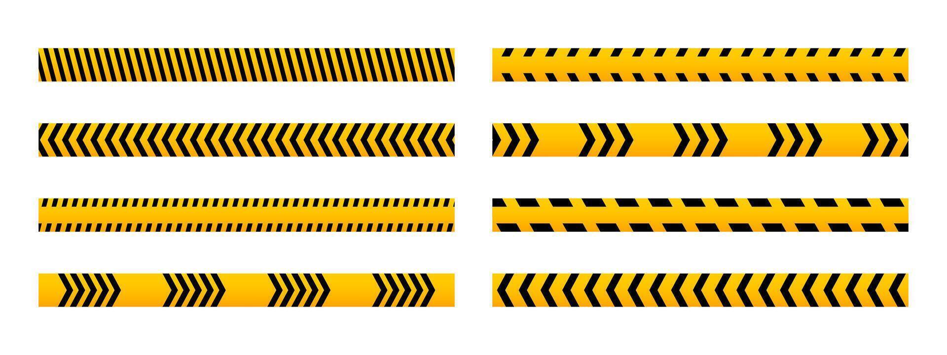 Set of horizontal caution tapes with black and orange diagonal slashes or chevron print. Forbidden borders in construction area or road work zone. Restricted or stop signs. flat illustration vector