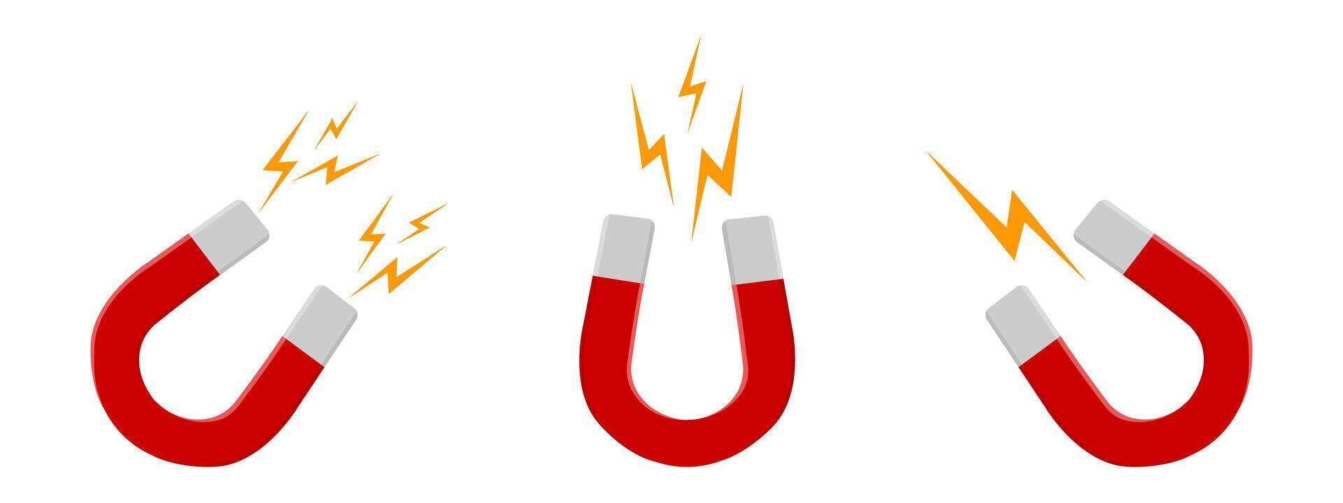 Set of red horseshoe magnets with lightning flashes isolated on white background. Magnetic power, attraction or influence concept. flat illustration vector