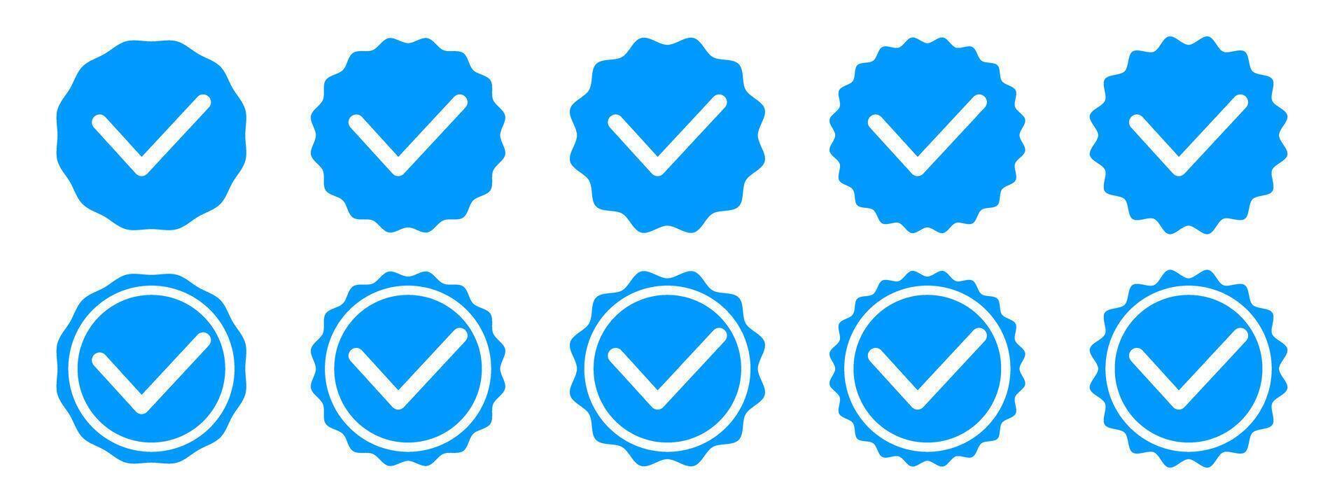 Set of tick icons. Checkmark tags. Approved signs in round wavy shapes. Done buttons. Best choice, original, quality or verification symbols isolated on white background. flat illustration vector