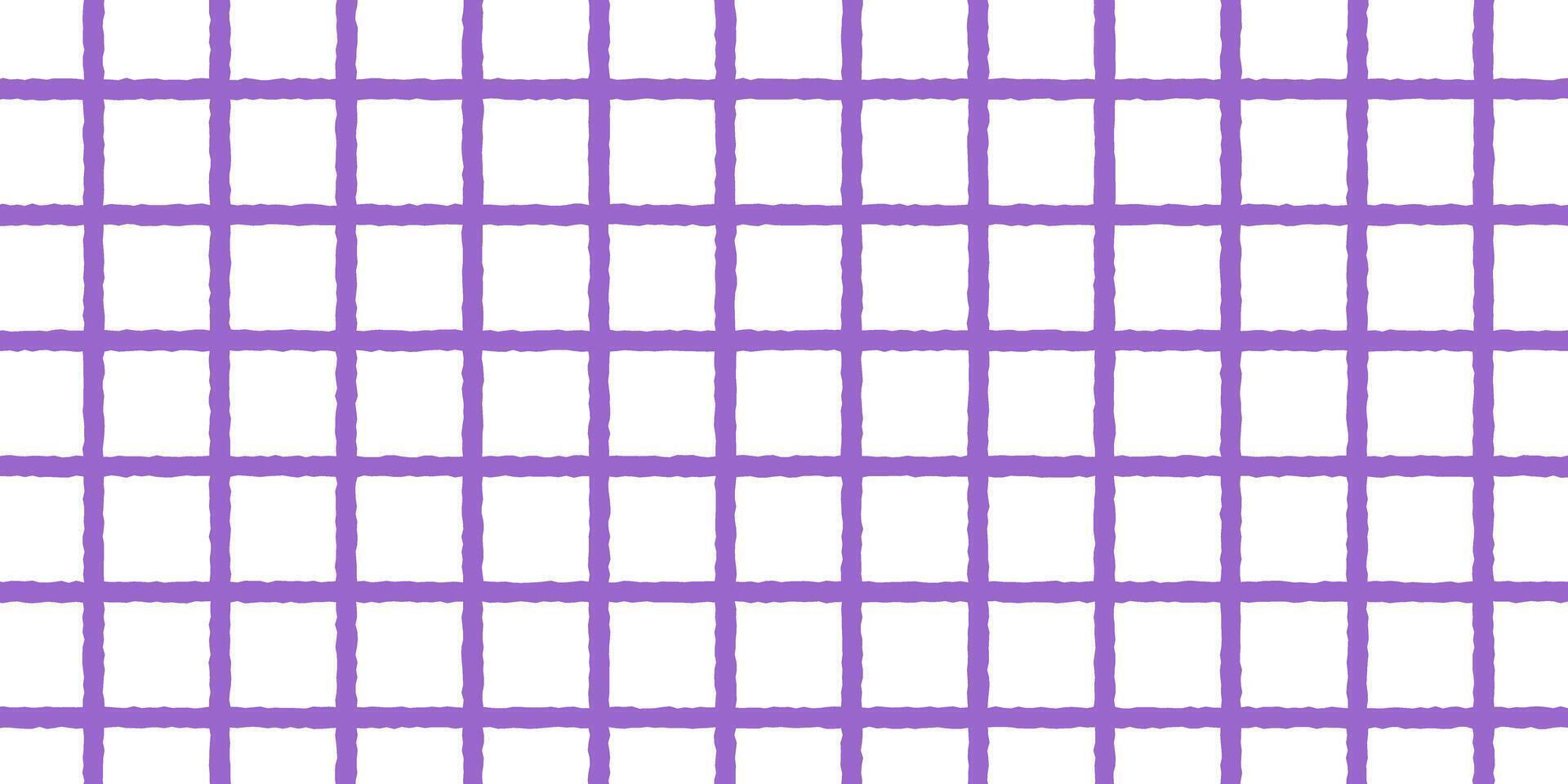 Checkered gingham pattern painting by brush or crayon. Plaid, tablecloth or napkin texture in hand drawn technique. Purple crossed uneven lines. Minimalist aesthetic print. flat illustration vector