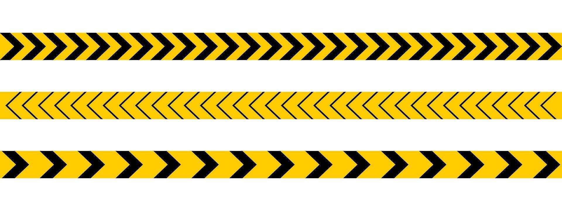 Set of horizontal caution tapes with black and yellow chevron print. Forbidden borders in quarantine zone, construction work or police investigation area. Hazard symbols. flat illustration vector