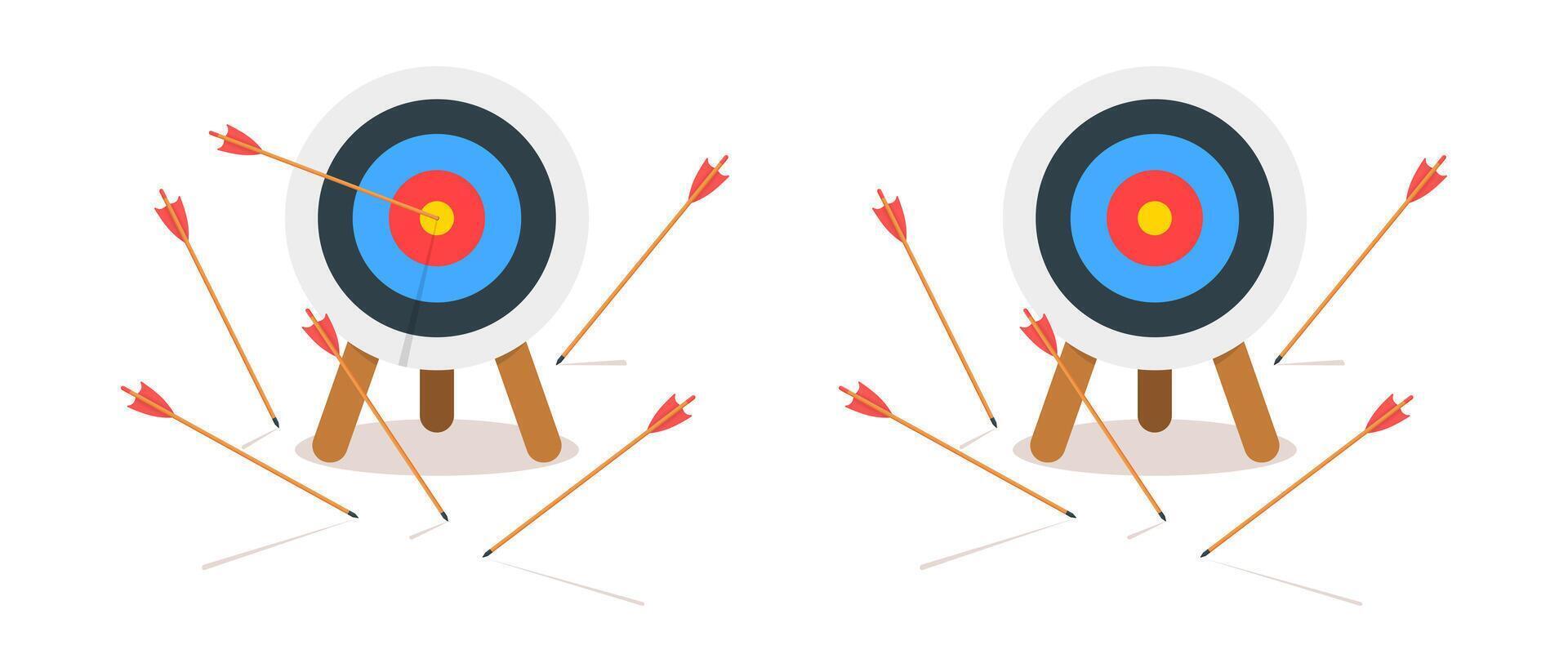 Archery dartboards with arrows hitting and missing bullseye. Success or failure strategy symbols. Concept of achieving or failing goals. cartoon illustration vector