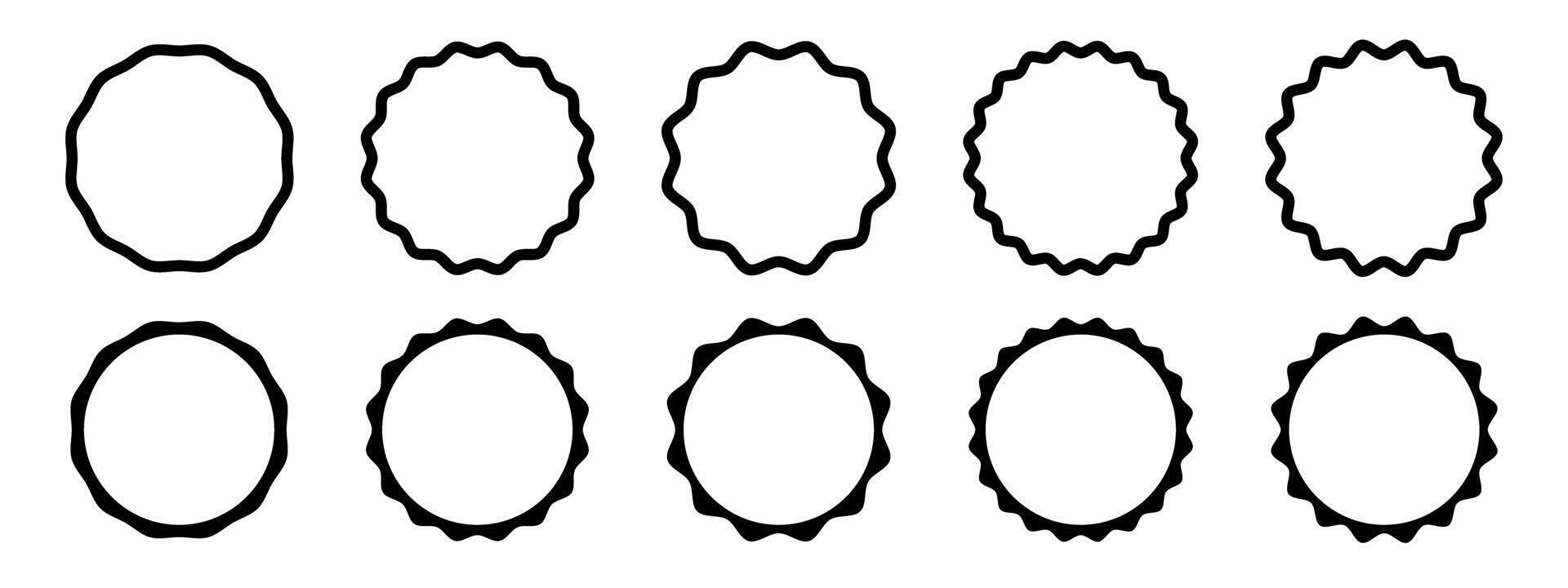 Sunburst, sunlight or sunshine icons. Round badges, stamps, labels or price tags with wavy edges. Collection of blank sale, veryfication, promotion or quality stickers isolated on white background vector