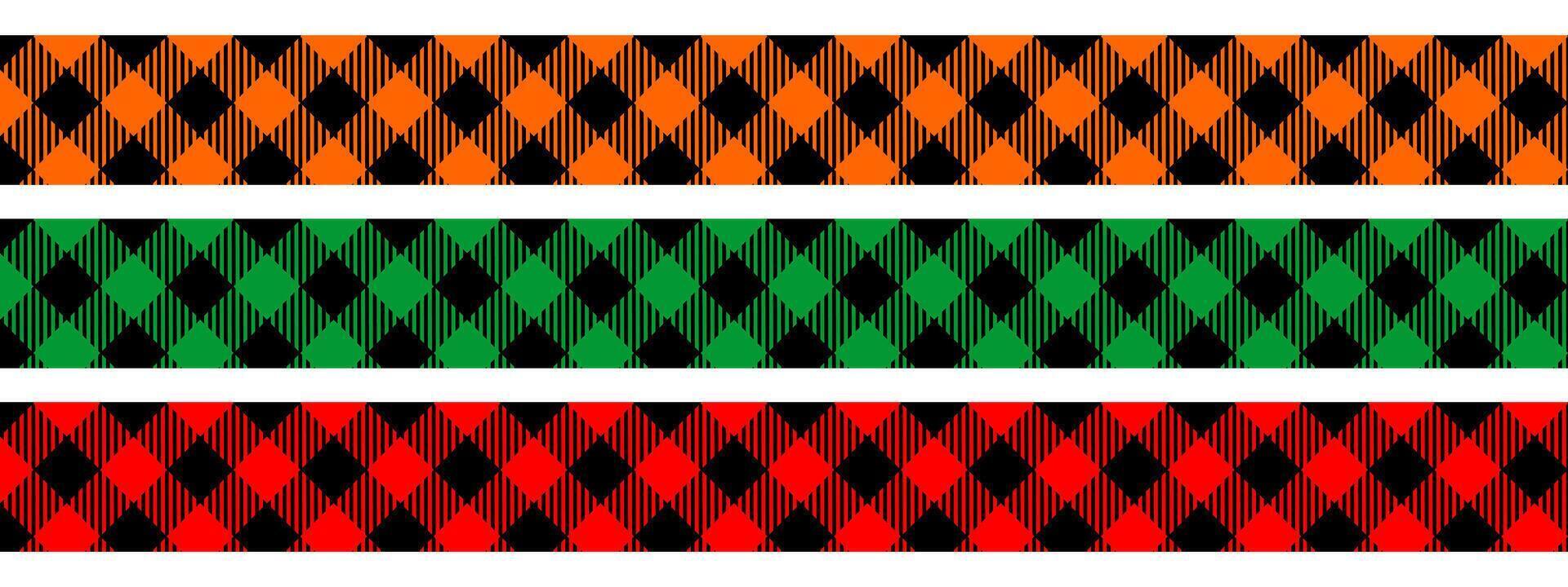 Set of textile tapes with buffalo plaid textures. Ribbons with Halloween or Christmas checkered pattern. Fabric pieces of flannel shirt, picnic blanket, kitchen napkin. flat illustration vector