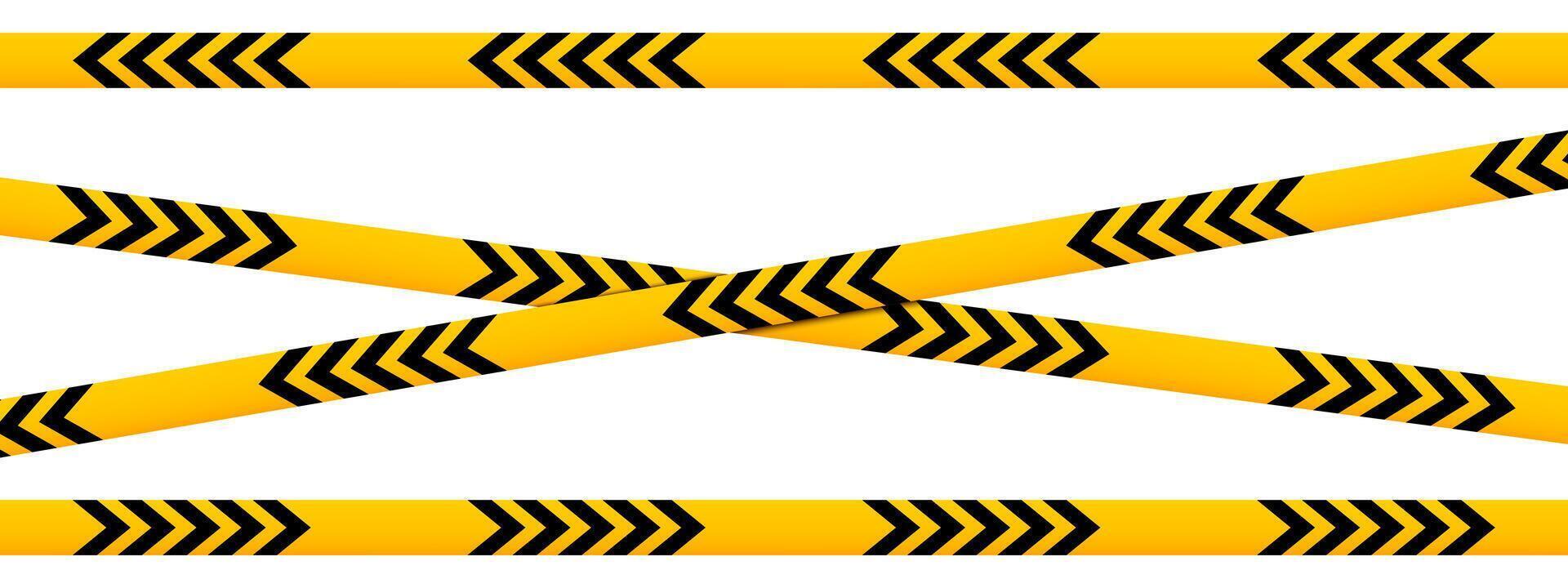 Horizontal and crossed caution tapes with black and yellow chevron print. Barriers in quarantine area, construction work zone or crime scene. Warning, restricted or closed signs. illustration vector