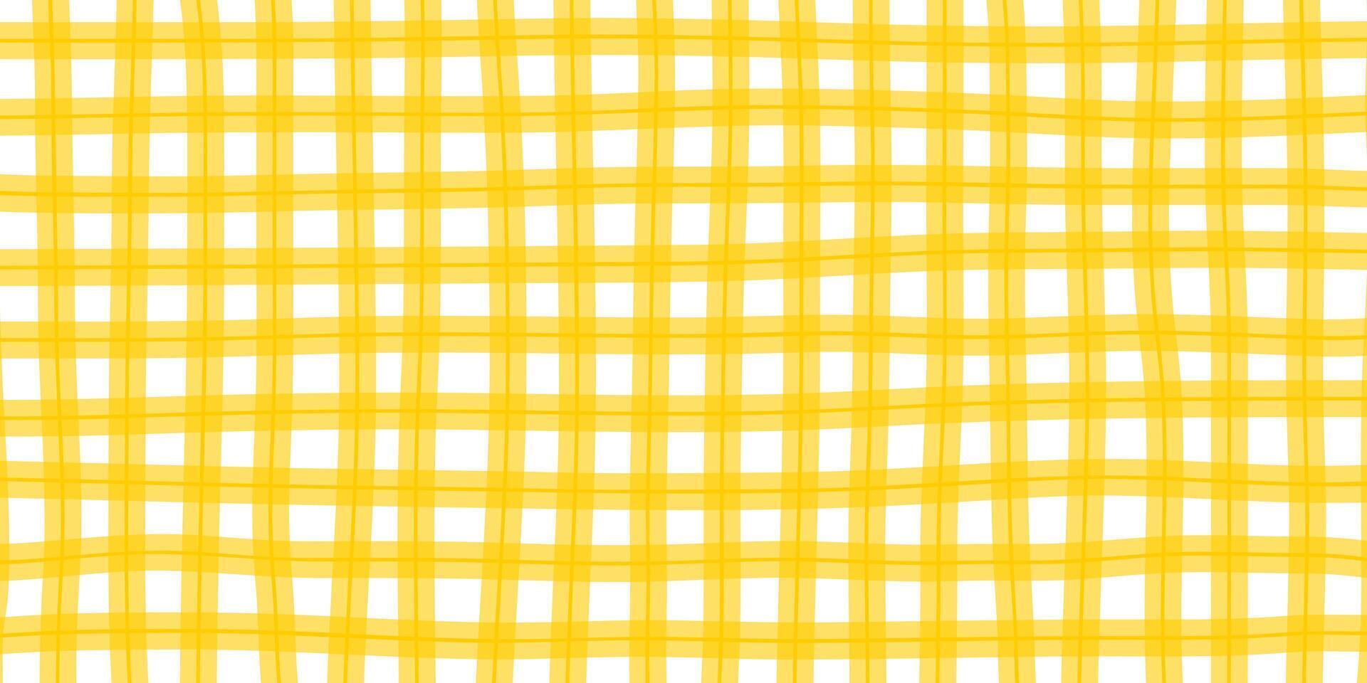 Checkered gingham or vichy pattern in doodle style. Picnic plaid, tablecloth or napkin texture in freehand technique. Yellow crossed uneven lines. Minimalistic aesthetic print. illustration vector
